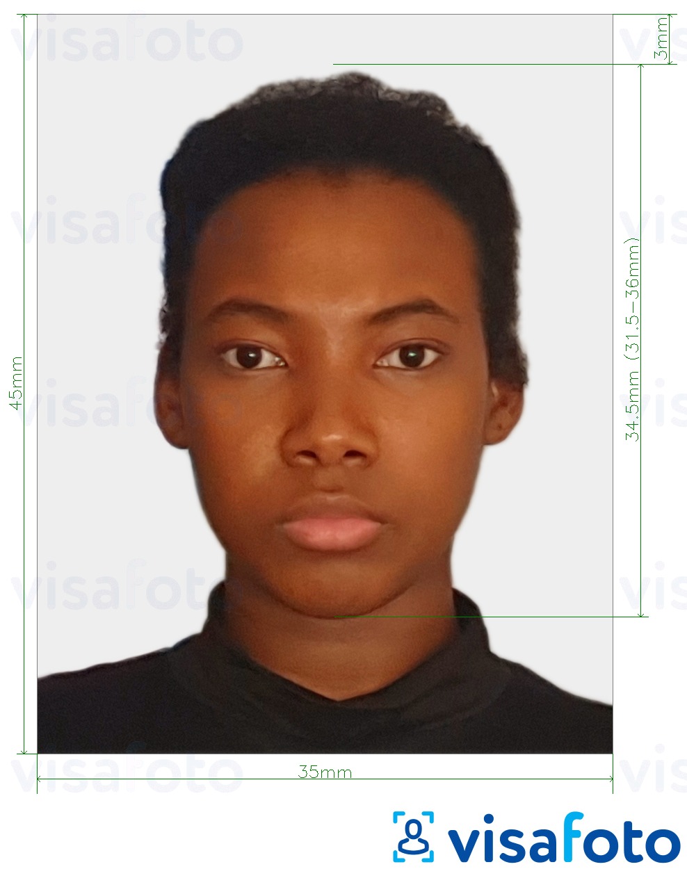 Exemples sur des photos pour Passeport Togo 4,5x3,5 cm (45x35mm) avec les spécifications de taille exactes