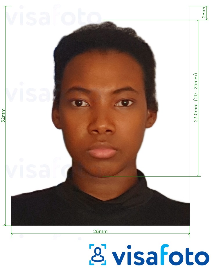 Exemples sur des photos pour Passeport Guyana 32x26 mm (1,26x1,02 inch) avec les spécifications de taille exactes