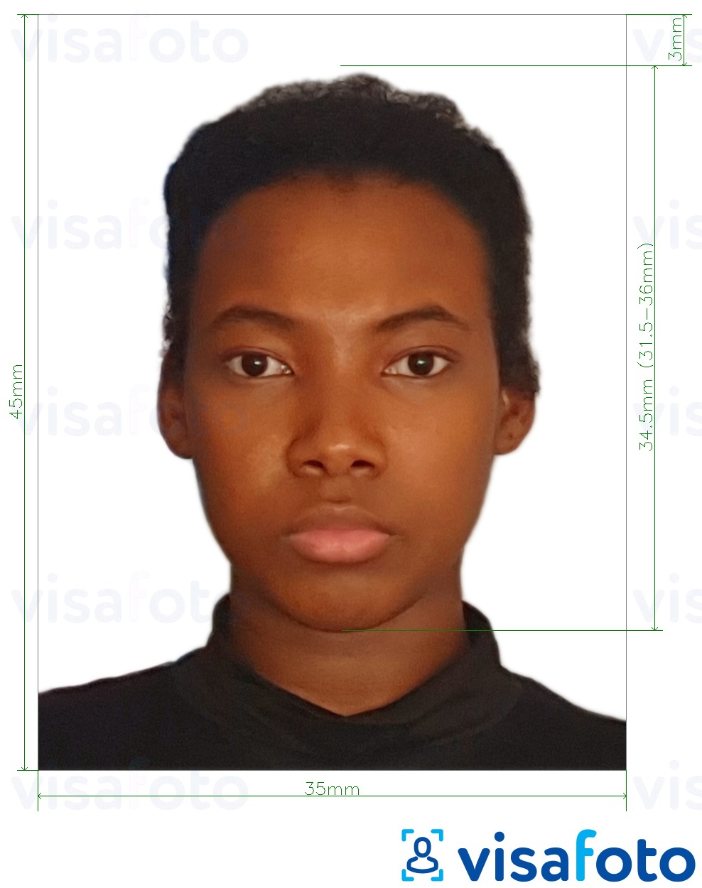 Exemples sur des photos pour Passeport Guyana 45x35 mm (1,77 x 1,38 pouces) avec les spécifications de taille exactes