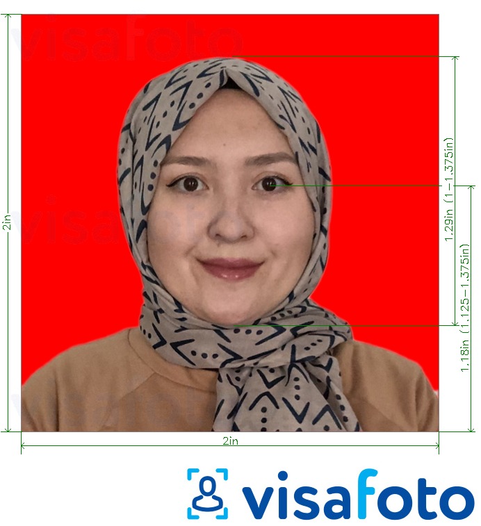 Exemples sur des photos pour Passeport indonésien 51x51 mm (2x2 pouces) fond rouge avec les spécifications de taille exactes
