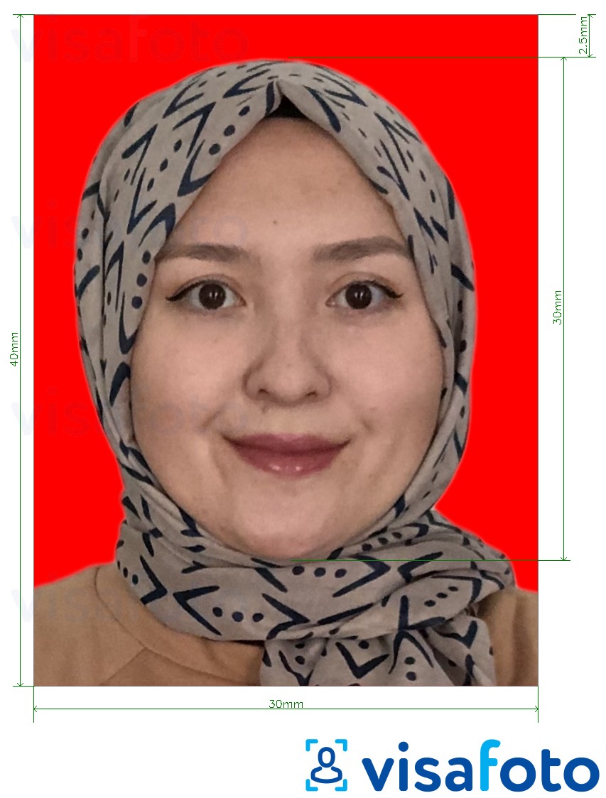 Exemples sur des photos pour Indonésie visa 3x4 cm (30x40 mm) en ligne fond rouge avec les spécifications de taille exactes