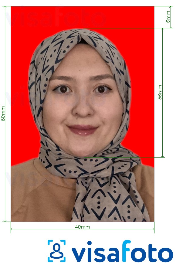 Exemples sur des photos pour Visa Indonésie 4x6 cm fond rouge avec les spécifications de taille exactes