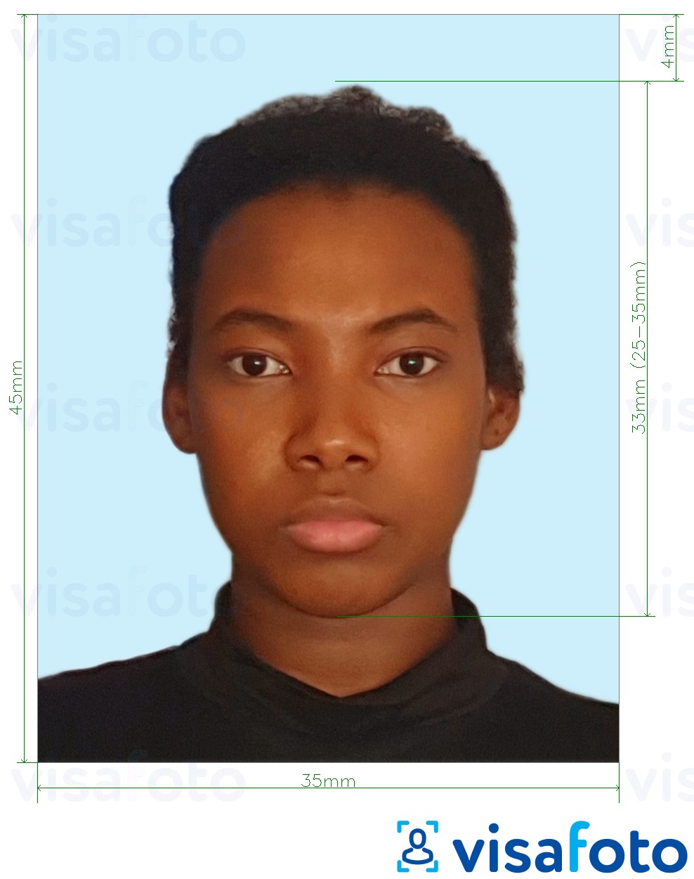 Exemples sur des photos pour Passeport Jamaïque 35x45 mm fond bleu pâle avec les spécifications de taille exactes