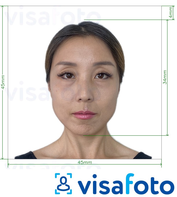 Exemples sur des photos pour Visa Japonais 45x45mm, tête 34 mm avec les spécifications de taille exactes