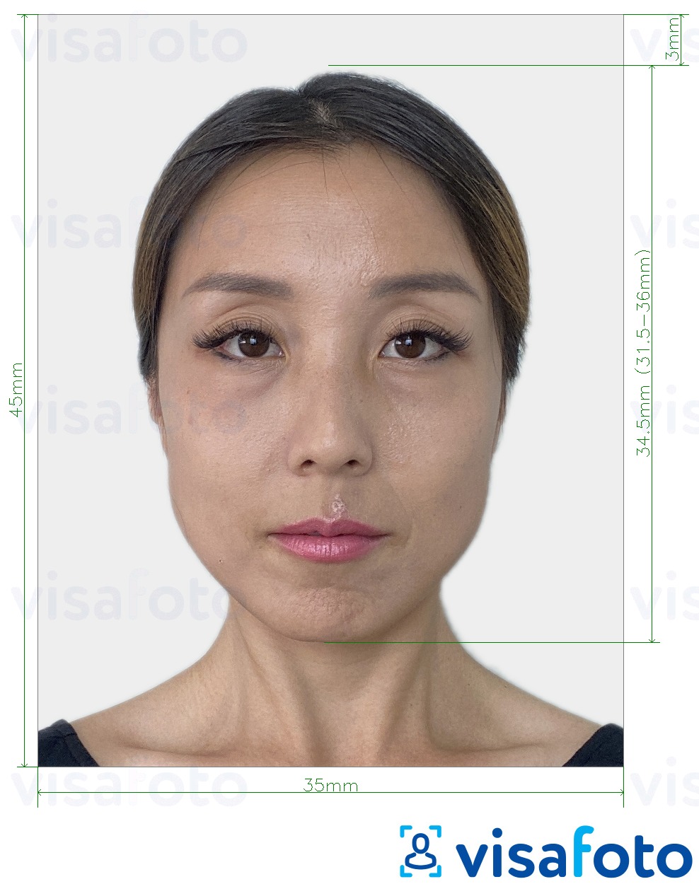 Exemples sur des photos pour Corée du Sud Visa 35x45 mm (3.5x4.5 cm) avec les spécifications de taille exactes