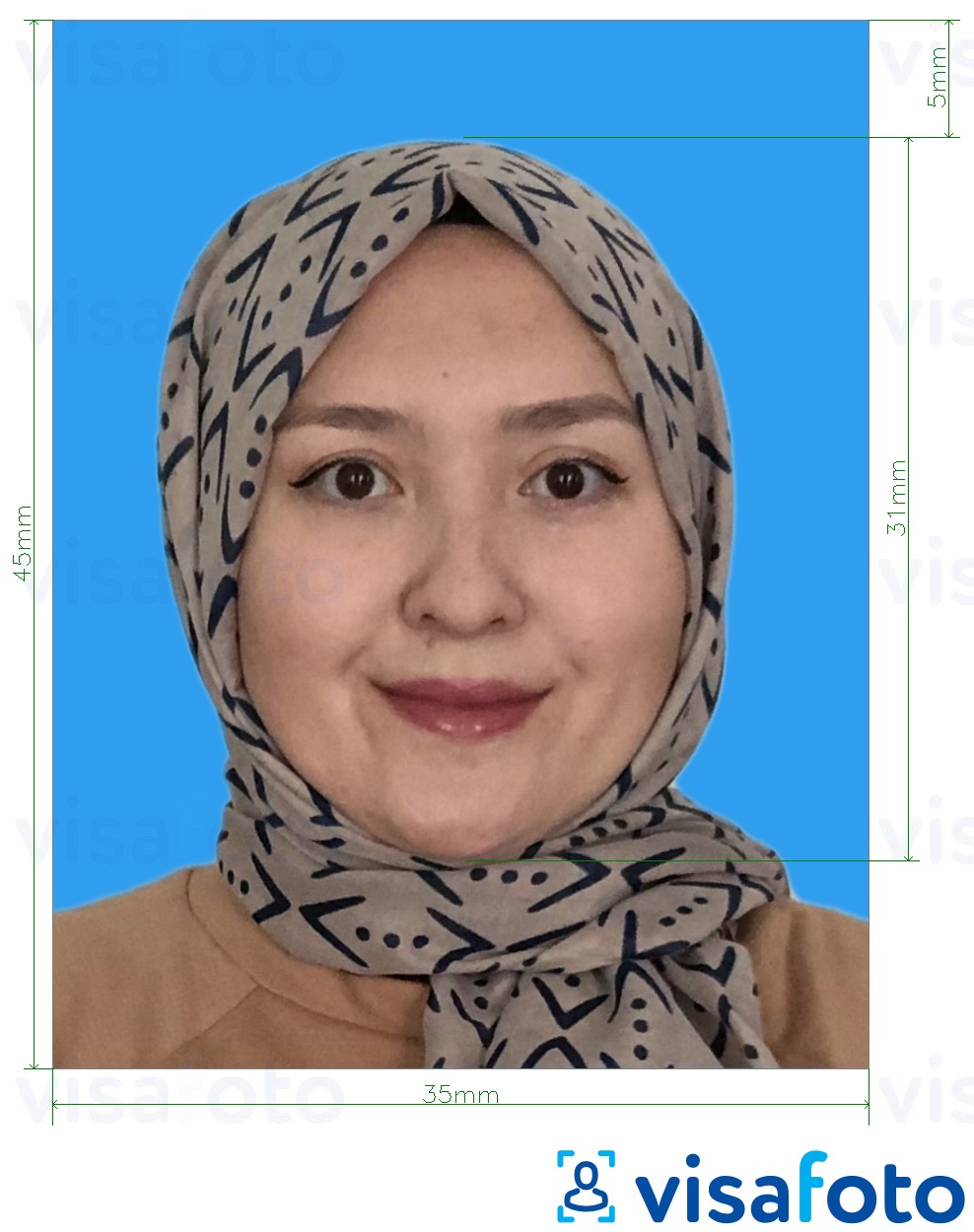 Exemples sur des photos pour Visa Malaisie Visa 35x45 mm fond bleu avec les spécifications de taille exactes