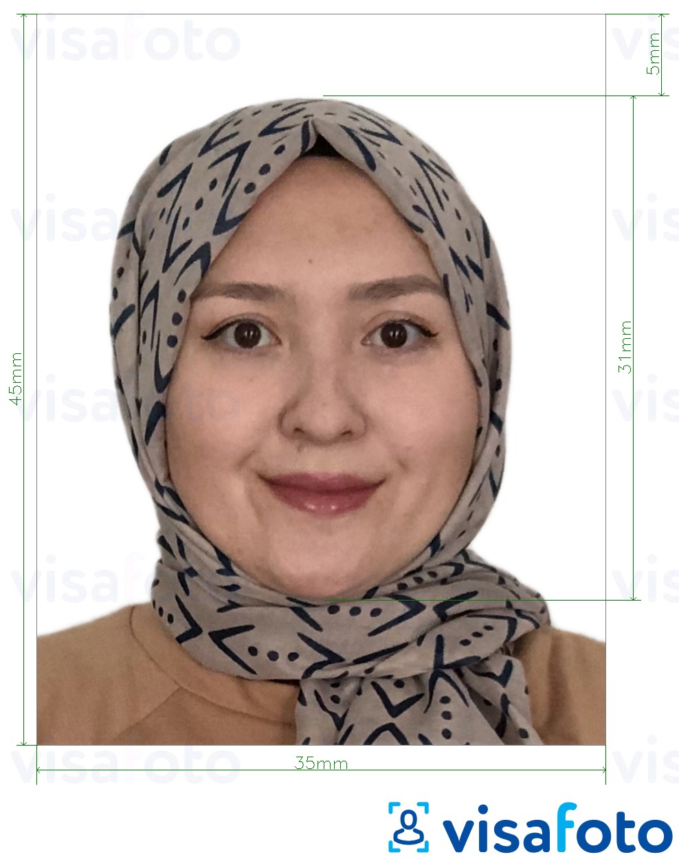 Exemples sur des photos pour Visa Malaisie 35x45 mm fond blanc avec les spécifications de taille exactes
