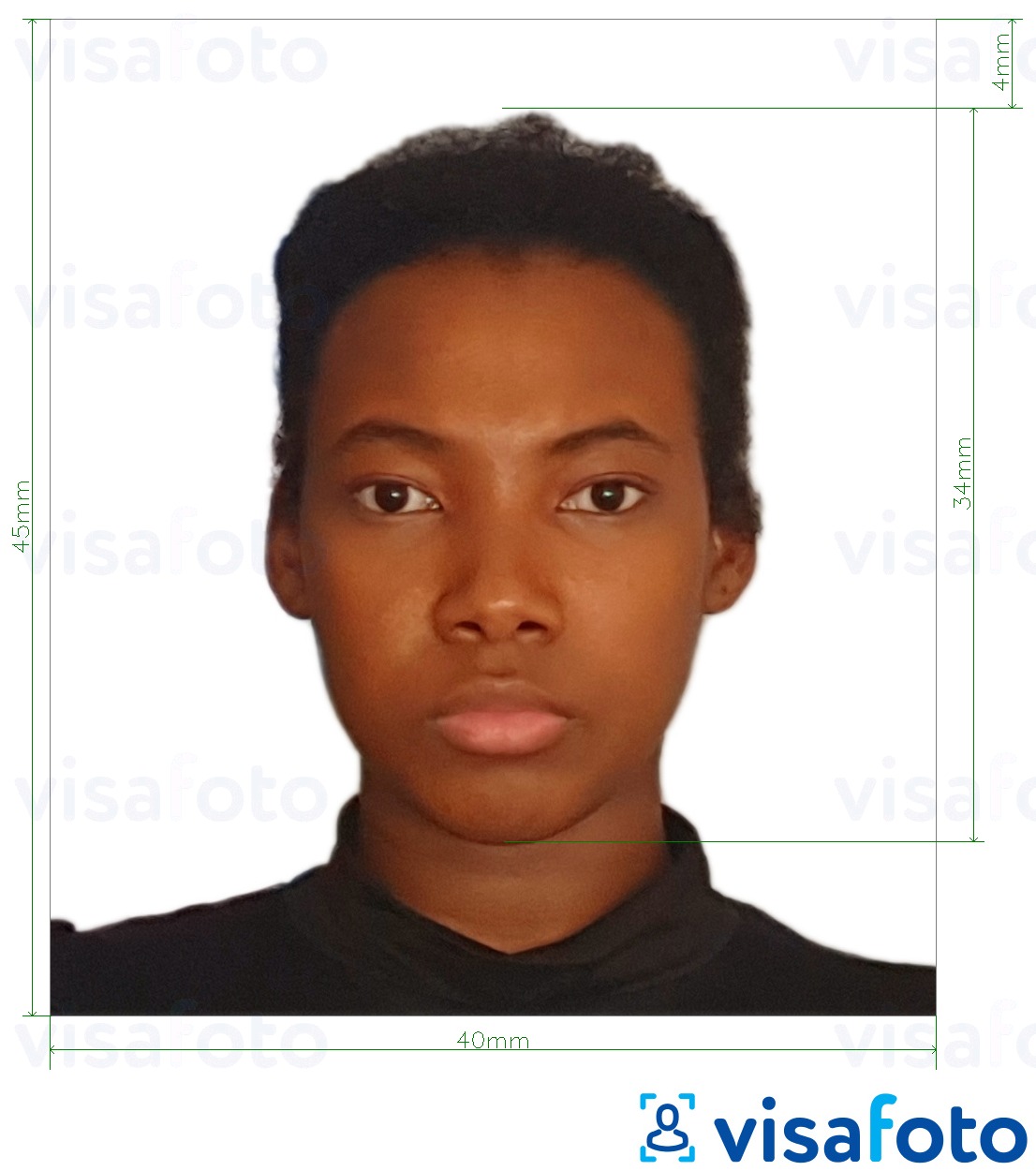 Exemples sur des photos pour Visa Tanzanie 40x45 mm (4x4,5 cm) avec les spécifications de taille exactes