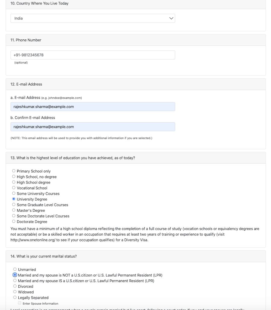 Comment remplir la section sur l’état matrimonial du formulaire d’inscription à la loterie DV : un exemple.