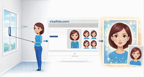 Prenez une image avec un smartphone ou un appareil photo contre un mur de couleur claire, chargez-la ici et obtenez une photo appropriée pour votre visa, passeport ou carte d'identité.