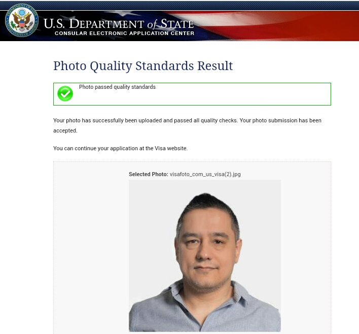 Écran succès du téléchargement de photos de visa américain